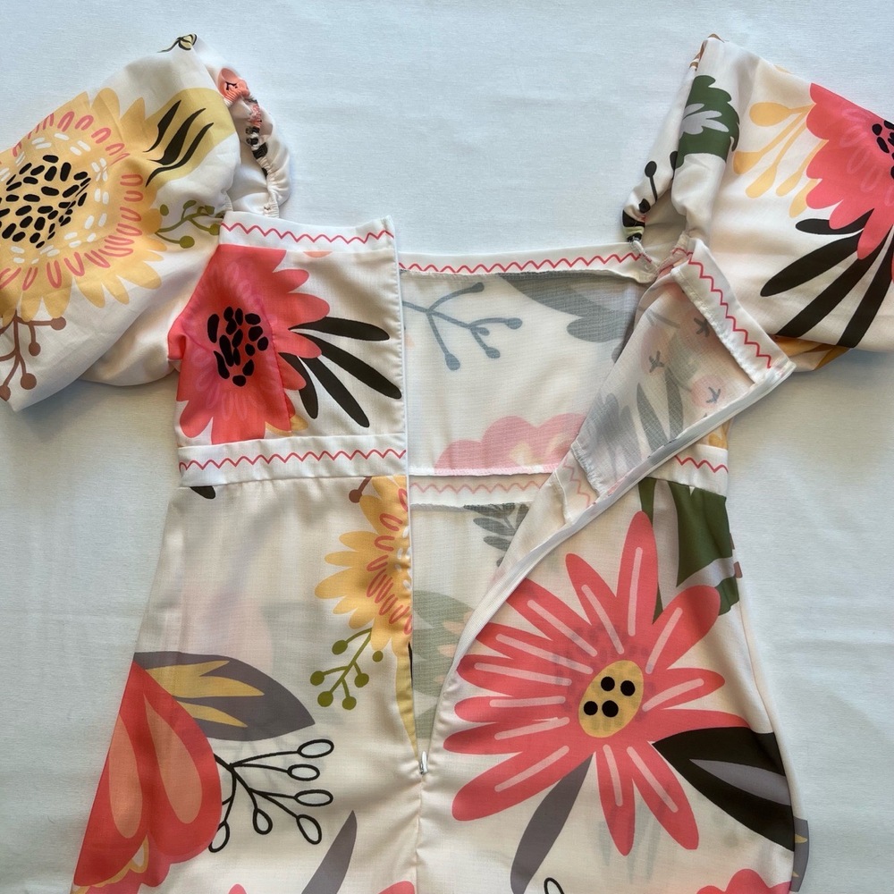 Floral Bohemian Square Neck‎ Puff Sleeve Tiered Ruffled Hem Maxi Dress Size M - Picture 15 of 16
